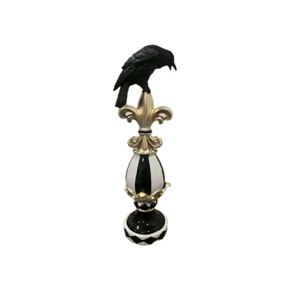 New Black & White Stripes Halloween Crow Perched Fleur de Lis Resin Decor Figure